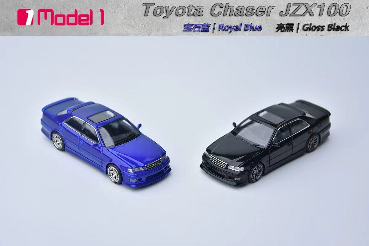 Two toy model cars, one blue and one black, on a light gray background with 'Model 1' branding.