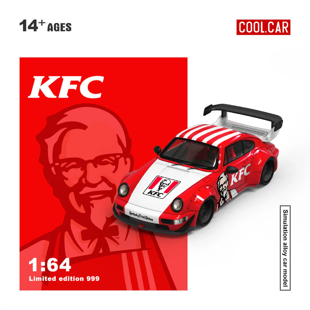 KFC branded toy car with a red background featuring KFC logo and Colonel Sanders image.