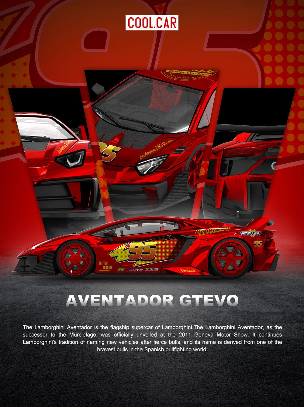 COOL CAR 1:64 Lamborghini Aventador GT EVO Lightning McQueen #95 Red diecast model CC643832, featuring Cars-inspired racing livery, yellow lightning bolt graphics, red racing wheels, black aerodynamic body kit, and large rear wing.