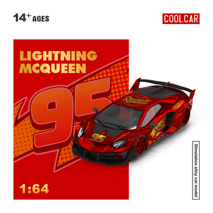 COOL CAR 1:64 Lamborghini Aventador GT EVO Lightning McQueen #95 Red diecast model CC643832, front three-quarter view featuring Disney Pixar Cars-inspired Rust-eze racing livery, yellow lightning bolt graphics, red wheels, black front splitter, and large rear wing.