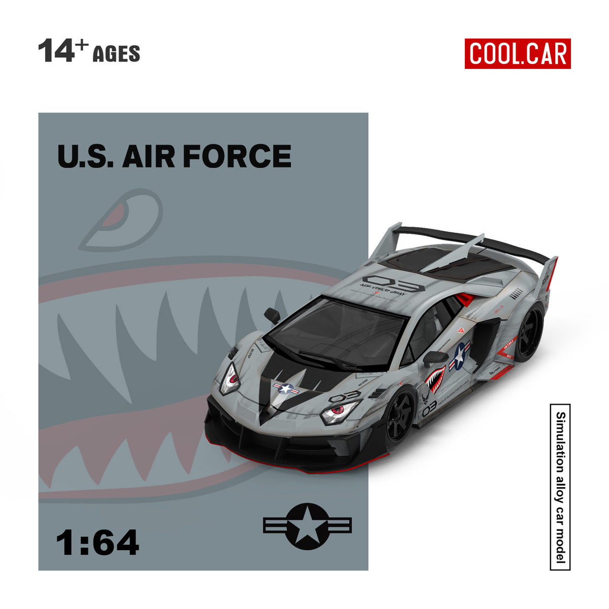 COOL CAR 1:64 Lamborghini Aventador LB-WORKS U.S. Air Force Grey diecast model CC643835, featuring fighter jet shark mouth livery, military star insignia, black racing wheels, widebody kit, red accents, and large rear wing.