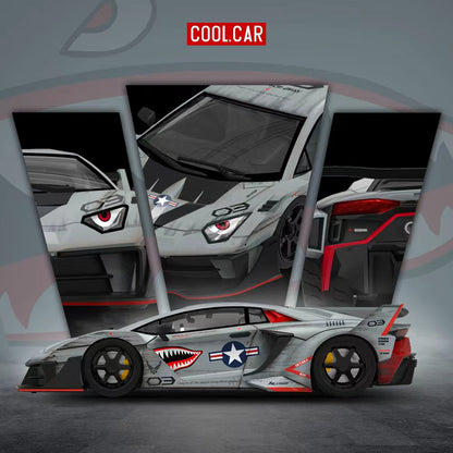 COOL CAR 1:64 Lamborghini Aventador LB-WORKS Grey diecast model CC643835, featuring fighter jet-inspired shark mouth livery, military star insignia, red accents, black racing wheels, widebody kit, and aggressive aerodynamic styling.