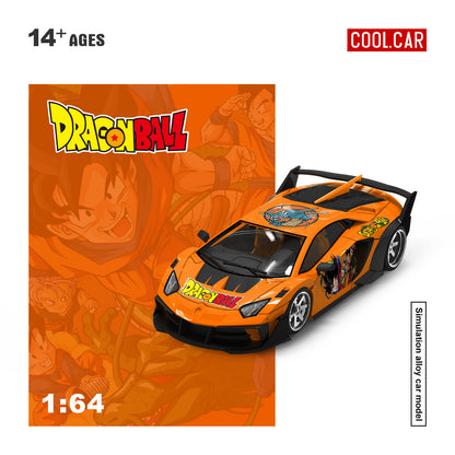 COOL CAR 1:64 Lamborghini Aventador LB-WORKS Dragon Ball Goku Orange diecast model CC643837, featuring Dragon Ball anime graphics, Goku character livery, Shenron dragon roof artwork, silver racing wheels, black widebody kit, and large rear wing.