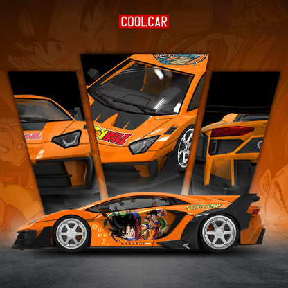 COOL CAR 1:64 Lamborghini Aventador LB-WORKS Dragon Ball Z Orange diecast model CC643837, featuring Goku and Dragon Ball anime livery, Kakarot graphics, silver racing wheels, black widebody kit, and large rear wing.