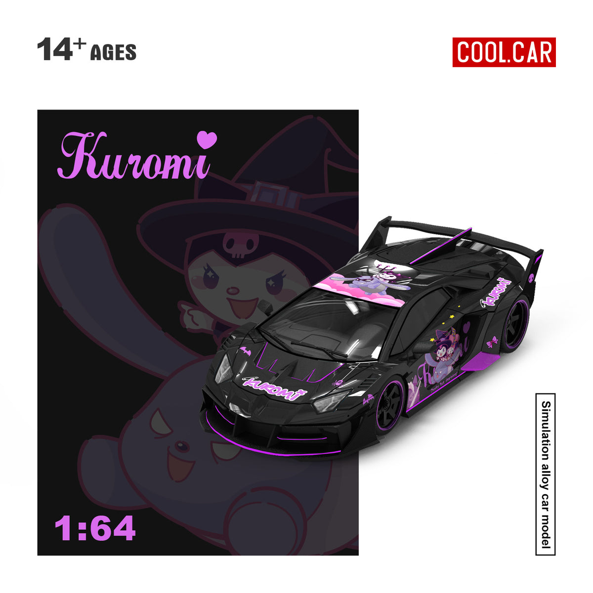 COOL CAR 1:64 Lamborghini Aventador LB-WORKS Kuromi Black Purple diecast model CC643838, front three-quarter view featuring Sanrio Kuromi character livery, purple accents, black racing wheels, widebody kit, and large rear wing.