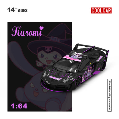 COOL CAR 1:64 Lamborghini Aventador LB-WORKS Kuromi Black Purple diecast model CC643838, front three-quarter view featuring Sanrio Kuromi character livery, purple accents, black racing wheels, widebody kit, and large rear wing.
