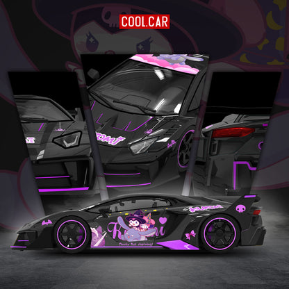COOL CAR 1:64 Lamborghini Aventador LB-WORKS Kuromi Black Purple diecast model CC643838, featuring Sanrio Kuromi character livery, purple accents, black racing wheels, widebody kit, and large rear wing.