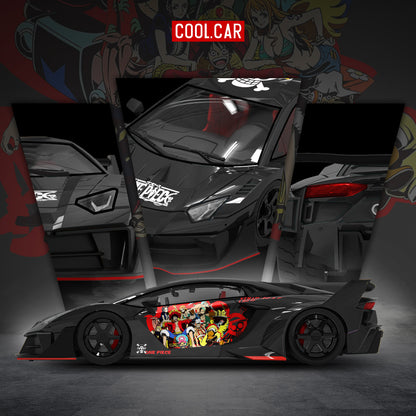 COOL CAR 1:64 Lamborghini Aventador LB-WORKS One Piece Black diecast model CC643839, featuring Straw Hat Pirates anime livery with Luffy and crew, pirate skull graphics, black racing wheels, red accents, widebody kit, and large rear wing.