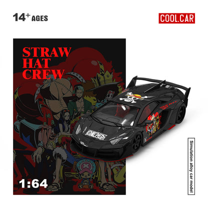 COOL CAR 1:64 Lamborghini Aventador LB-WORKS One Piece Straw Hat Pirates Black diecast model CC643839, front three-quarter view featuring Luffy and crew anime graphics, pirate skull roof design, black racing wheels, red accents, widebody kit, and large rear wing.