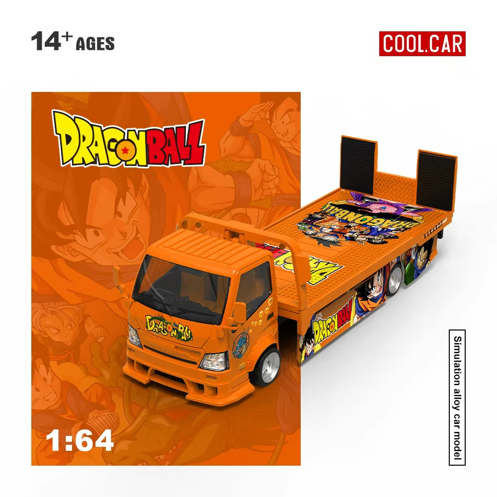 Dragon Ball toy truck on an orange background with character images.
