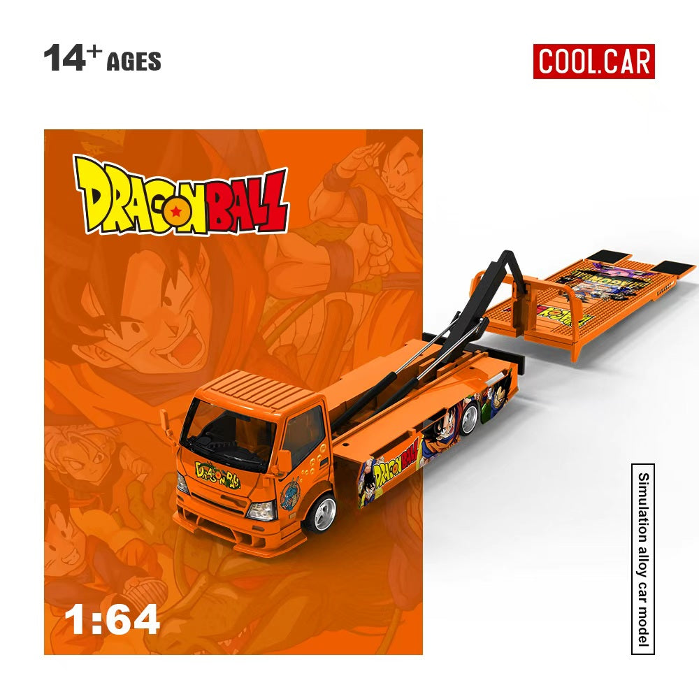 Dragon Ball toy truck on an orange background with character images.