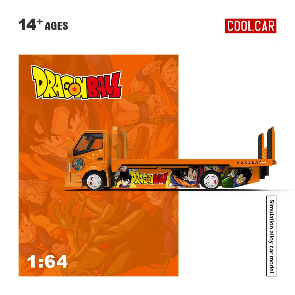 Dragon Ball toy truck on an orange background with character images.