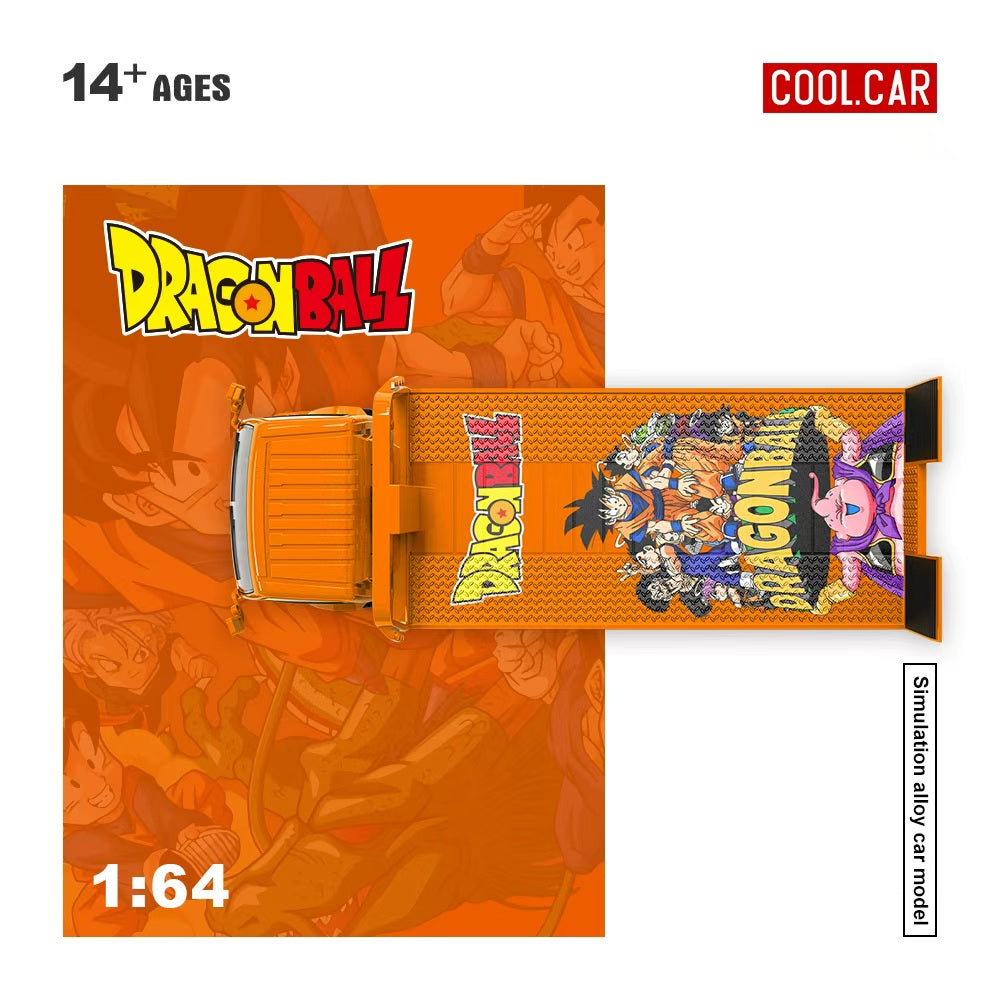 Dragon Ball toy truck on an orange background with character images.