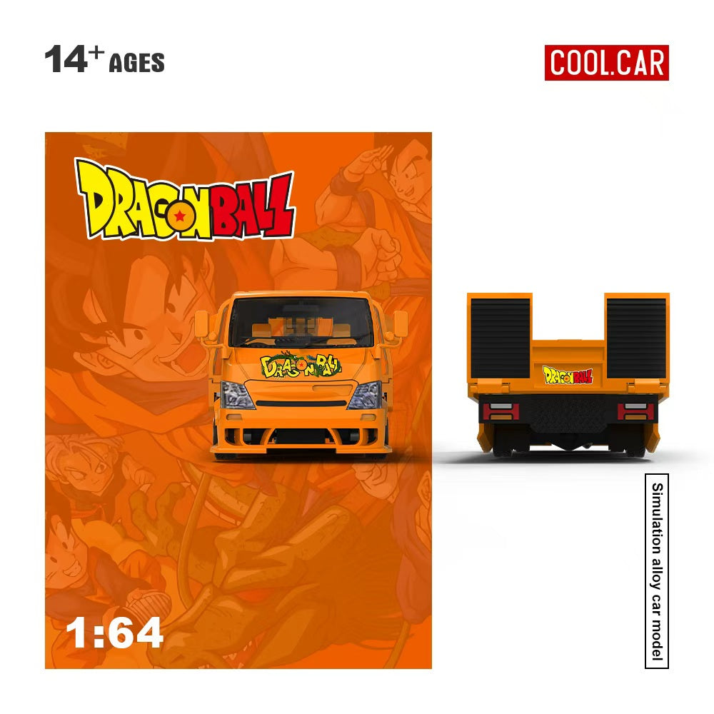 Dragon Ball toy truck on an orange background with character images.