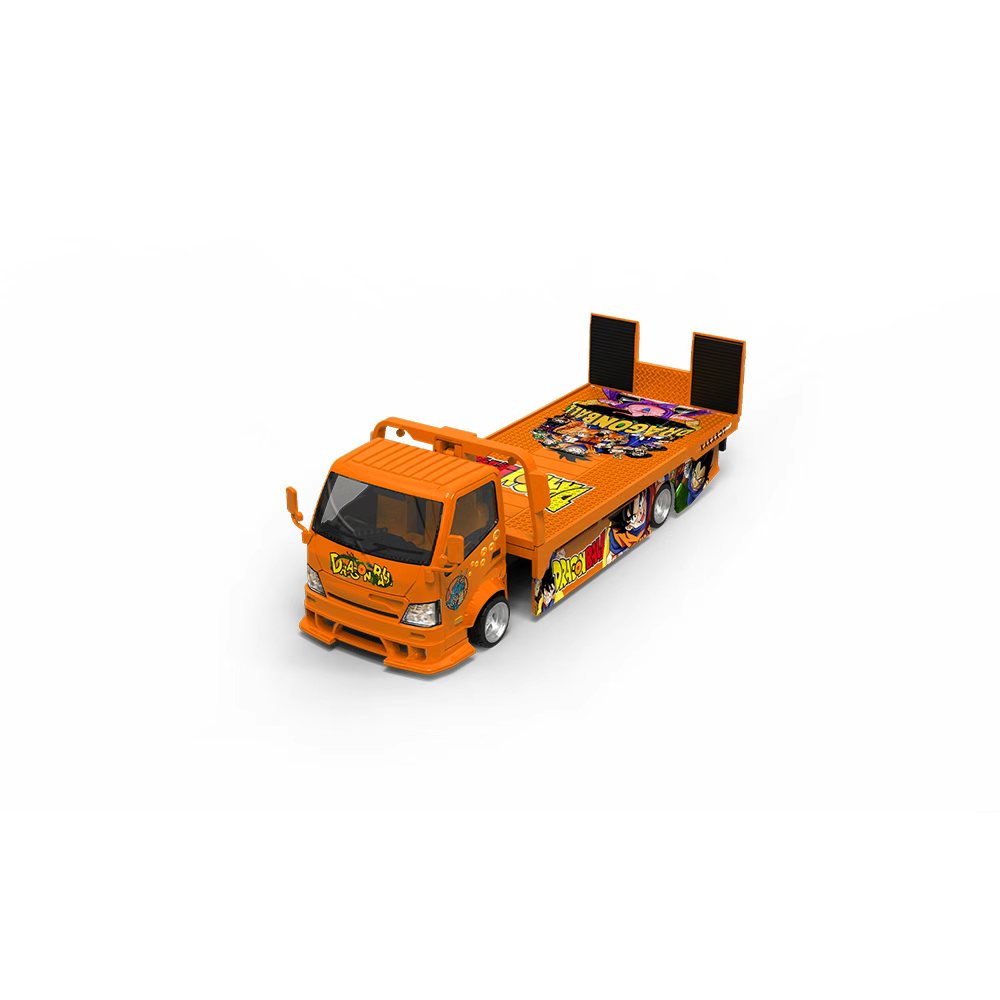 Dragon Ball toy truck on an orange background with character images.