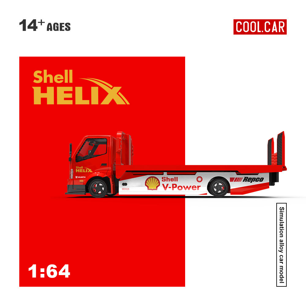 Model truck with Shell Helix and Repsol branding on a red background