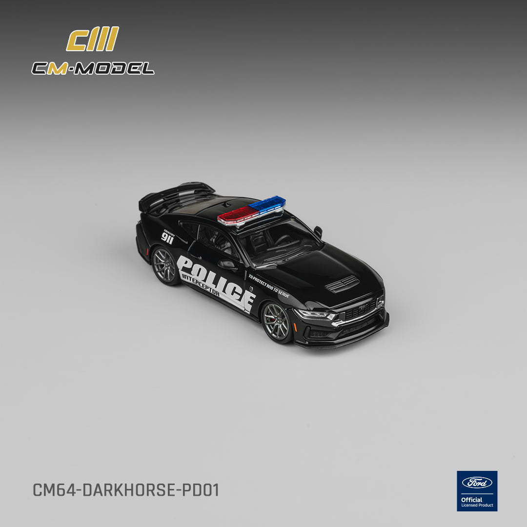 Model police car with flashing lights on a gray background, featuring CM-Model branding.