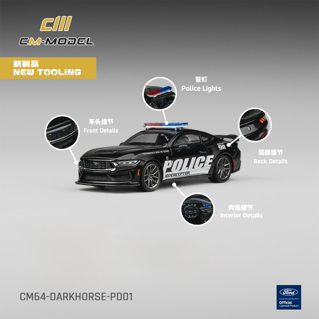Model police car with detailed features on a gray background, featuring CMLI branding.