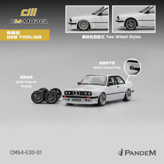 CM Model BMW Pandem M3 E30 Pearl White with wheels and details in grey background