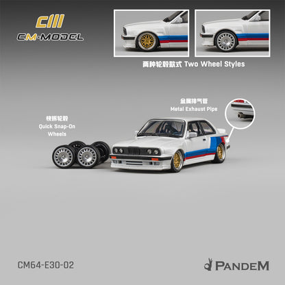 Model car with quick snap-on wheels and metal exhaust pipe on a gray background, featuring CM Model and Pandem branding.