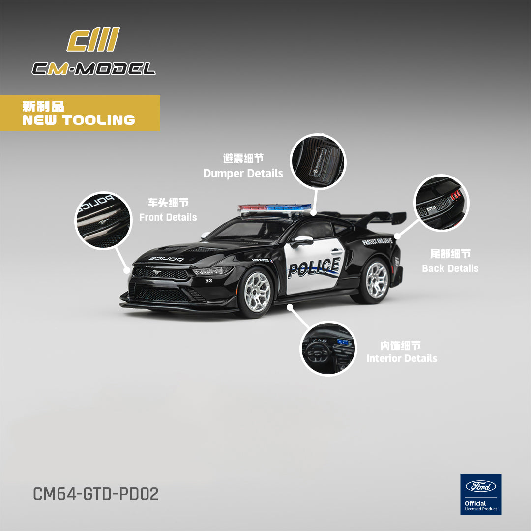 Model police car with detailed features labeled on a gray background, featuring the CM-Model brand.