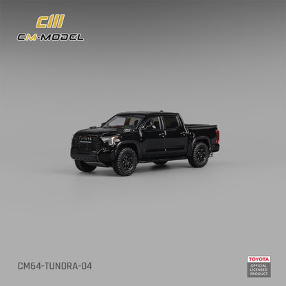 Black Toyota Tundra model truck on a gray background with CM Model branding.