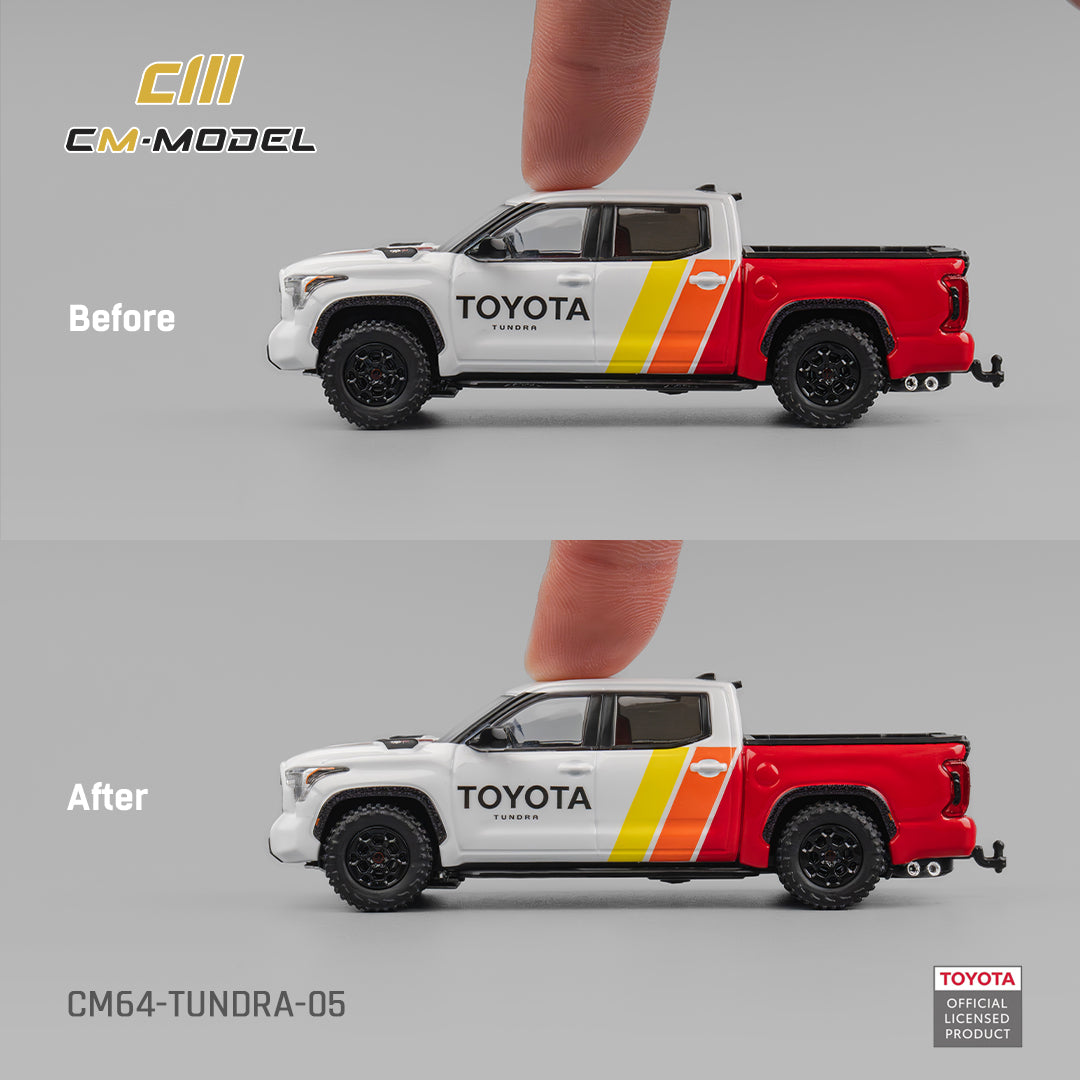 Model toy truck with Toyota branding, shown before and after a modification, on a gray background.