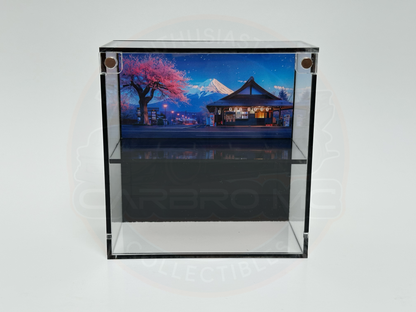 Acrylic display case with a Japanese Sakura theme, featuring a traditional Japanese house and cherry blossoms.