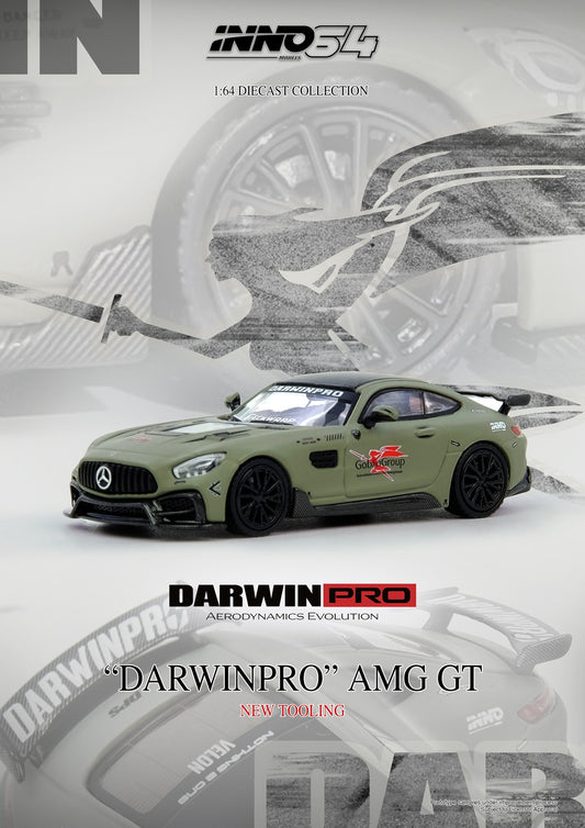 Model car of a Mercedes-AMG GT with DarwinPro branding on a gray background