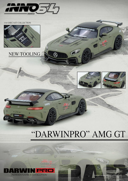 Model car of a Mercedes-AMG GT with 'DarwinPro' branding on a gray background.
