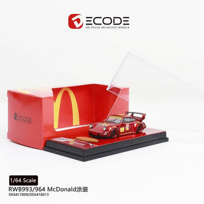 Red model car in a McDonald's branded display case with DECODE branding.
