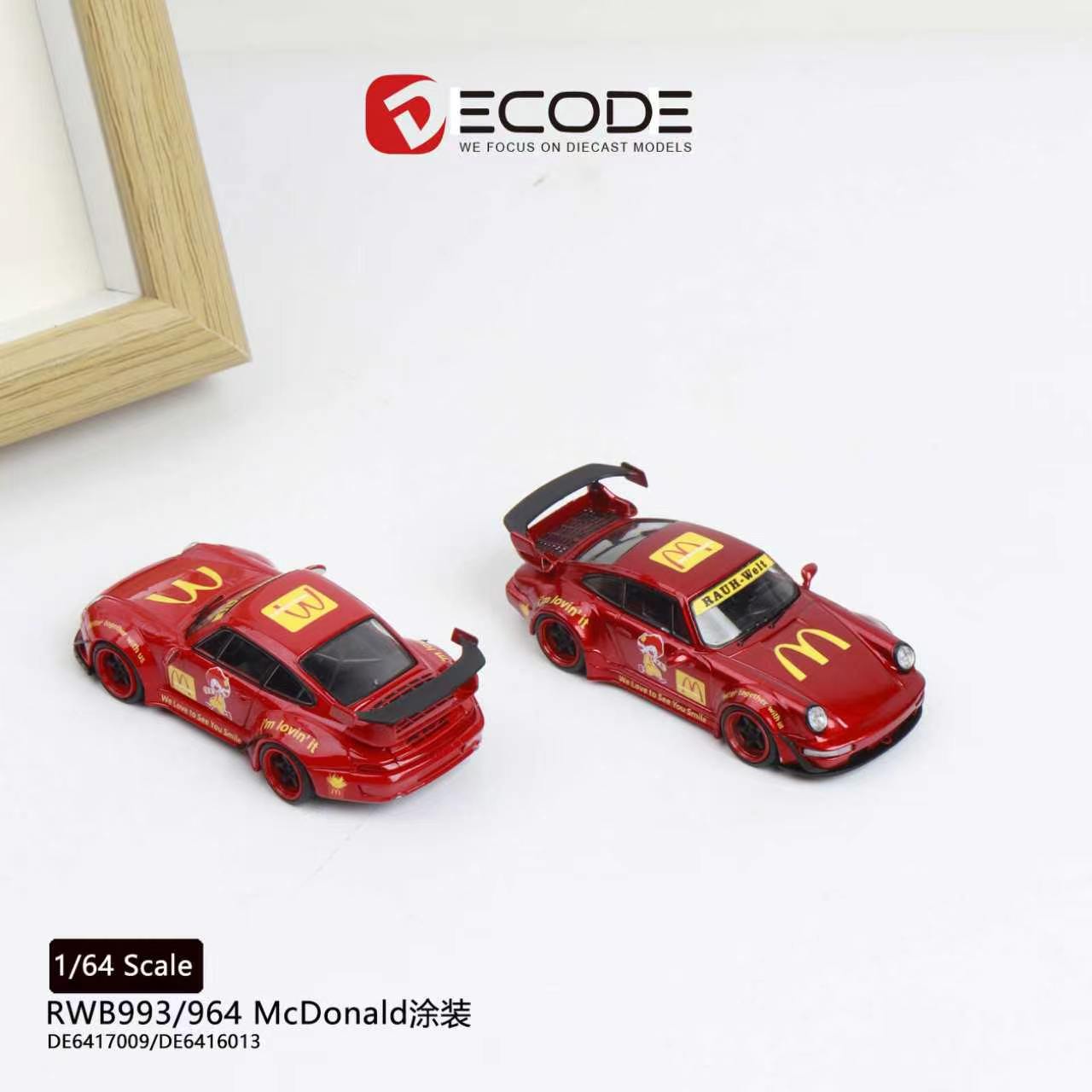 Two red toy cars with McDonald's branding on a white background, featuring the ECODE logo.