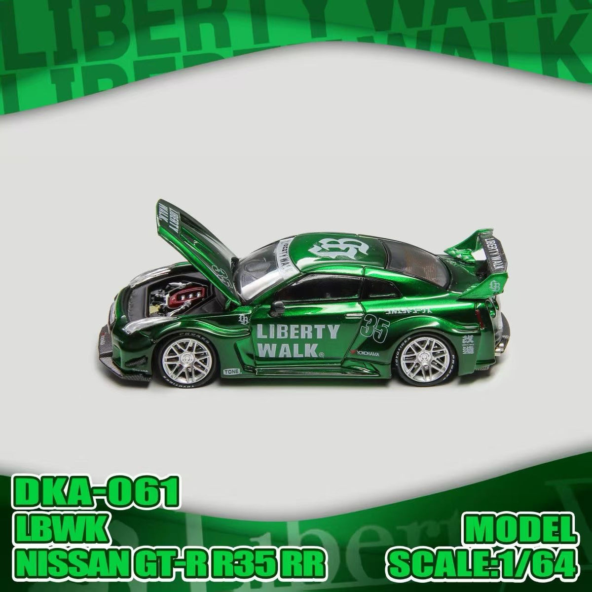 Green model car with open hood on a white background, featuring Liberty Walk branding.