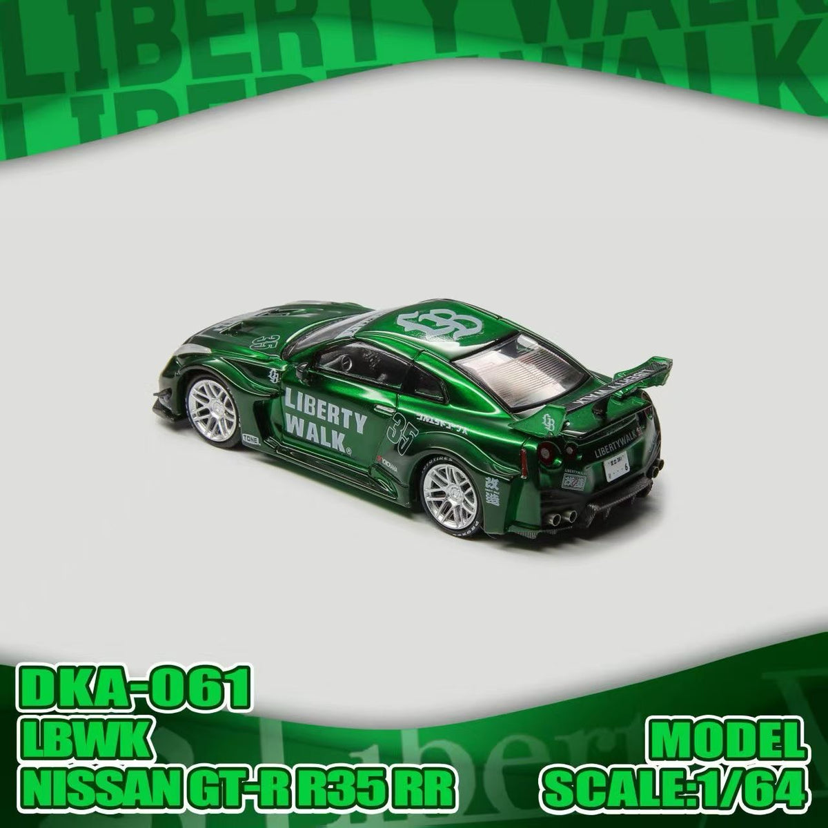 Green model car with 'Liberty Walk' branding on a white background