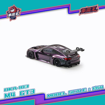 A 1/64 scale model diecast toy car of the M4 GT3, featuring a metallic purple and black paint scheme, shown on a white background with brand and model text overlays.