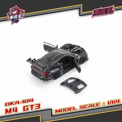 A black metal scale model of a M4 GT3 sports car, shown with its doors open and a matching black door panel accessory placed beside it. The image is presented on a white background with a dark gray and black graphic border containing red and yellow text that reads 'OKA-104 M4 GT3' and 'MODEL SCALE : 1/64'.