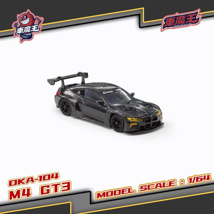 Black toy car model with branding and specifications on a white background