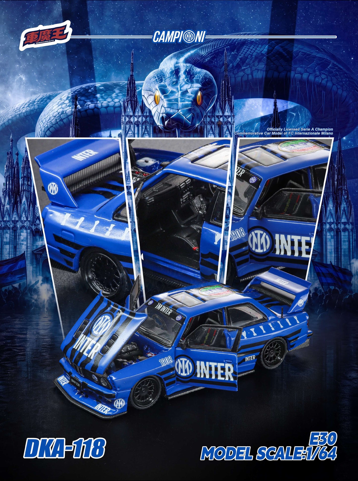(Preorder) Demon King Auto 1:64 BMW M3 E30 INTER MILAN Livery DKA-118