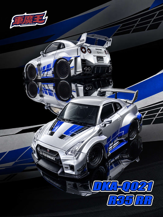 DKA 1:64 Nissan GT-R R35 LB-Silhouette Works DKA-Q021 diecast model featuring metallic silver paint, blue racing graphics, aggressive widebody kit, black racing wheels, large rear wing and quad exhaust tips, front and rear three-quarter views.
