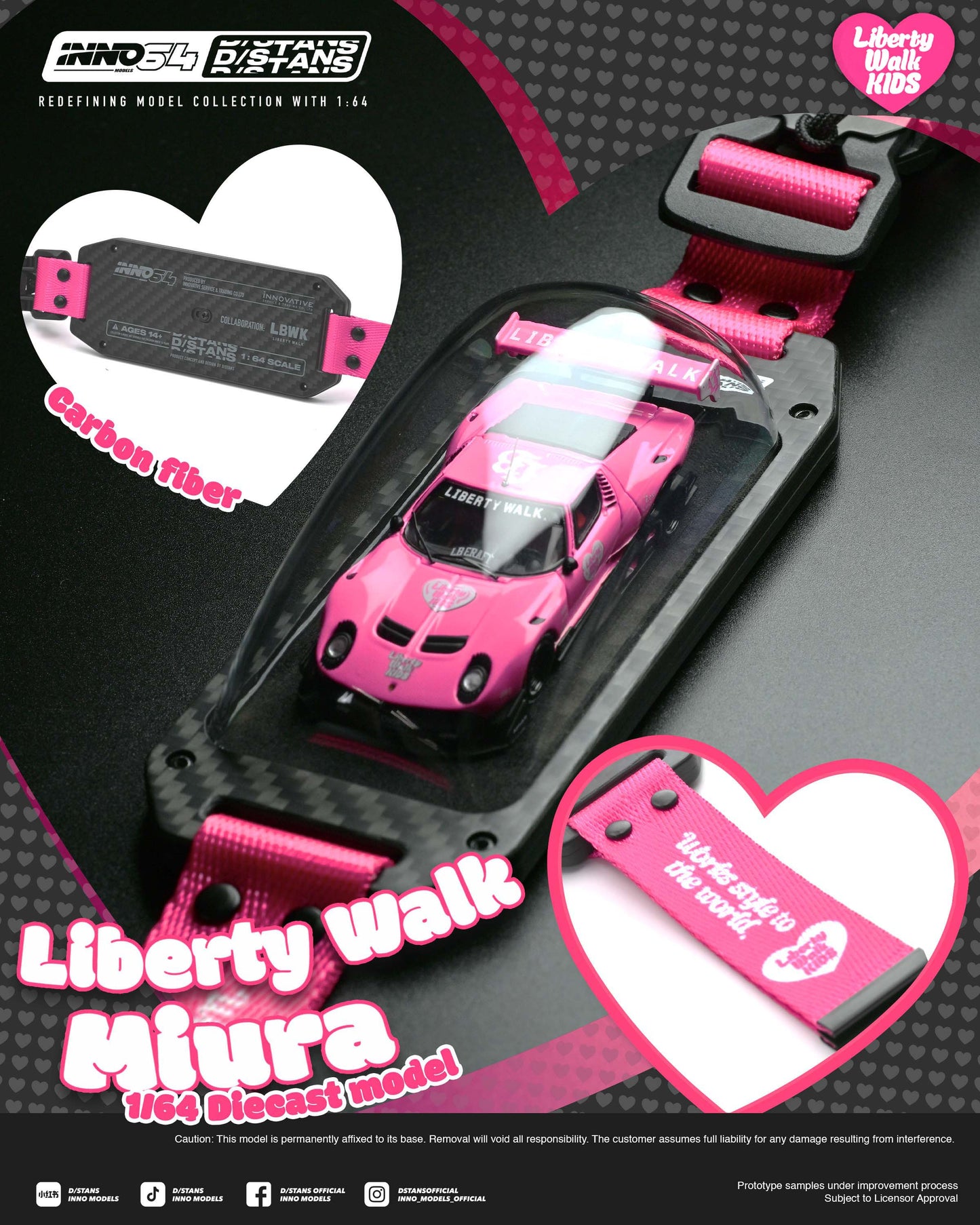 Promotional product graphic for a 1/64 scale Liberty Walk Miura diecast model car in a clear display case with a pink strap, shown on a dark patterned background with inset close-ups and branding text.