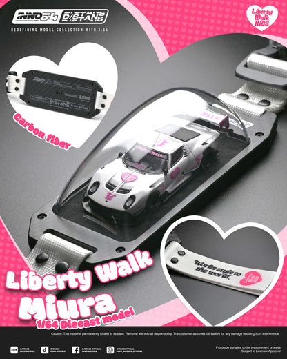 A promotional product shot of a 1:43 scale diecast model car inside a clear display case, branded Liberty Walk Miura. The model is a white sports car with pink graphics.