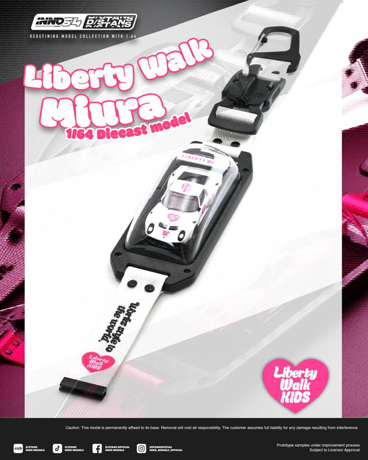 Promotional graphic for the Liberty Walk Miura 1/64 diecast model car, showing the assembled black and white car with its attached license plate and a separate black plastic connector piece above it. The design features pink and white branding, including the Liberty Walk logo and a pink heart logo.