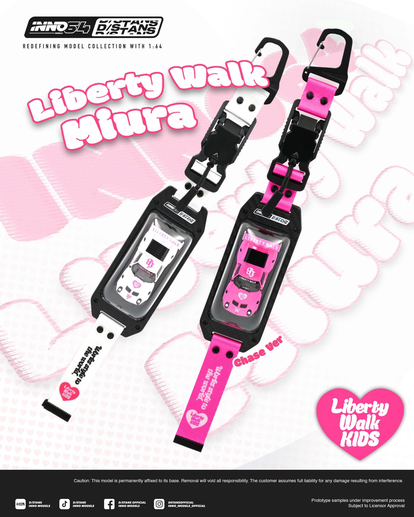 Promotional graphic for the 'Liberty Walk Miura' class C model car, showing two versions: a white version with black frame and a pink version with black frame. The image features branding for 'Mino 3D' and 'DiYanZhang', along with 'Class C Ver' and 'Liberty Walk KIDS' text on a stylized white and pink background.