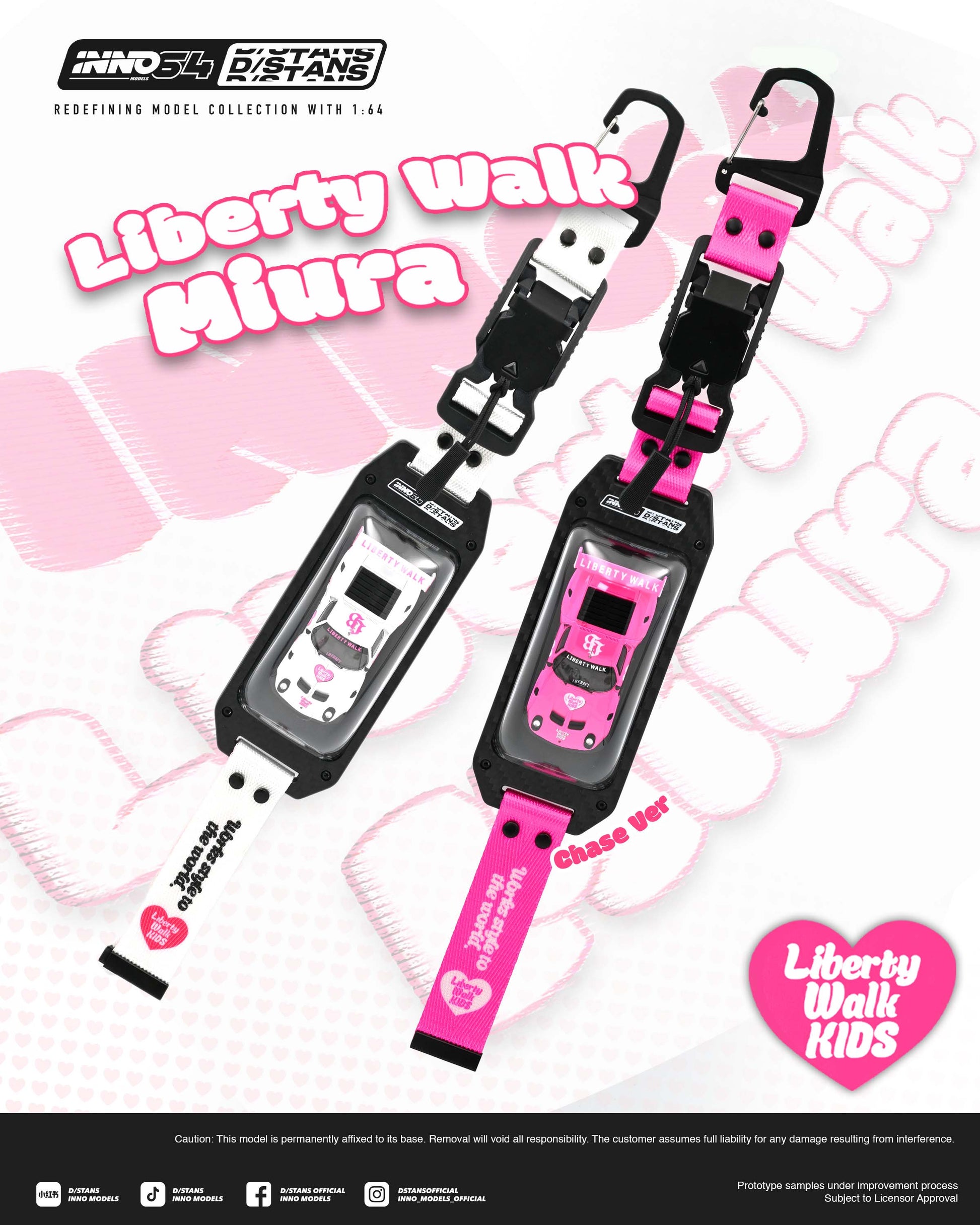 Promotional graphic for the 'Liberty Walk Miura' class C model car, showing two versions: a white version with black frame and a pink version with black frame. The image features branding for 'Mino 3D' and 'DiYanZhang', along with 'Class C Ver' and 'Liberty Walk KIDS' text on a stylized white and pink background.