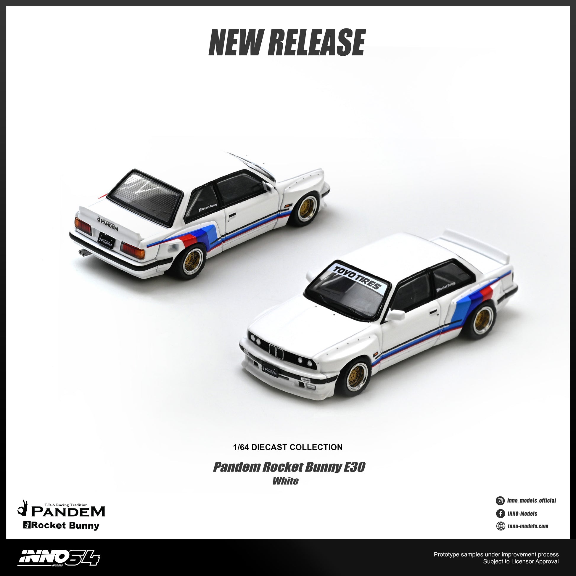 Two 1/64 scale diecast model cars, Pandem Rocket Bunny E30 White, shown on a clean white background with promotional text and logos.