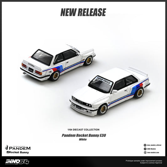 Two 1/64 scale diecast model cars, Pandem Rocket Bunny E30 White, shown on a clean white background with promotional text and logos.