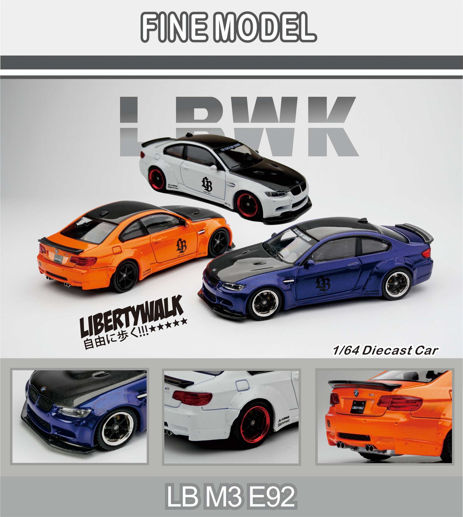 Collection of diecast cars with Liberty Walk branding on a gray background