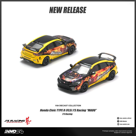 Two 1/64 scale diecast model cars of the Honda Civic Type R (KL01) TS 'MAOU' livery by JS Racing, displayed on a white background with 'NEW RELEASE' text at the top.