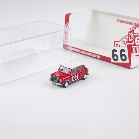 Red model car with number 66 in front of a white box with red and black text.