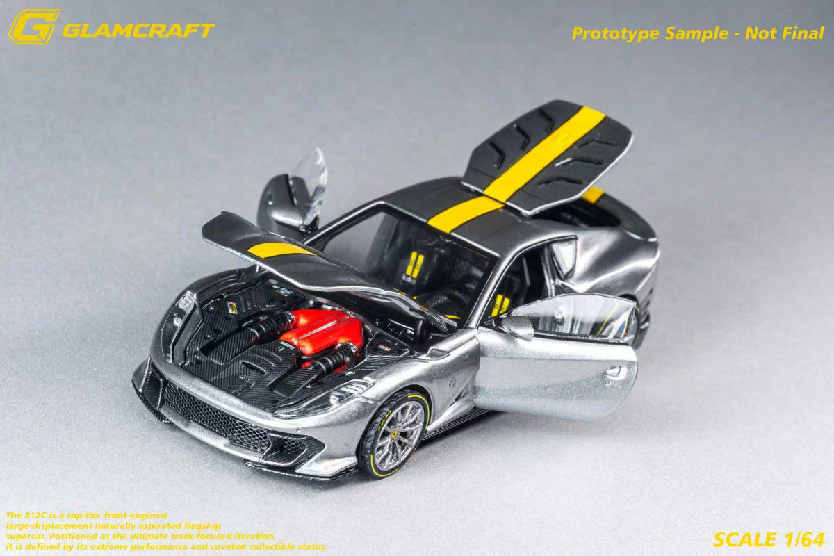 GLAMCRAFT 1:64 Ferrari 812 Competizione Grey with Yellow Stripe diecast model with opening hood, doors and rear hatch, prototype sample